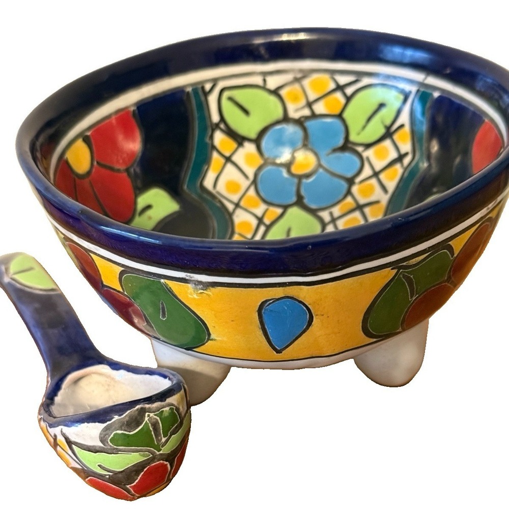 Talavera Salsa Bowl w/Spoon Molcajete Mexican Pottery Folk Art Multicolor New